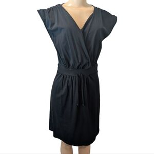 Old Navy Black Stretch Ruched Cap Sleeve Faux Wrap Tie Waist A-Line Dress Medium
